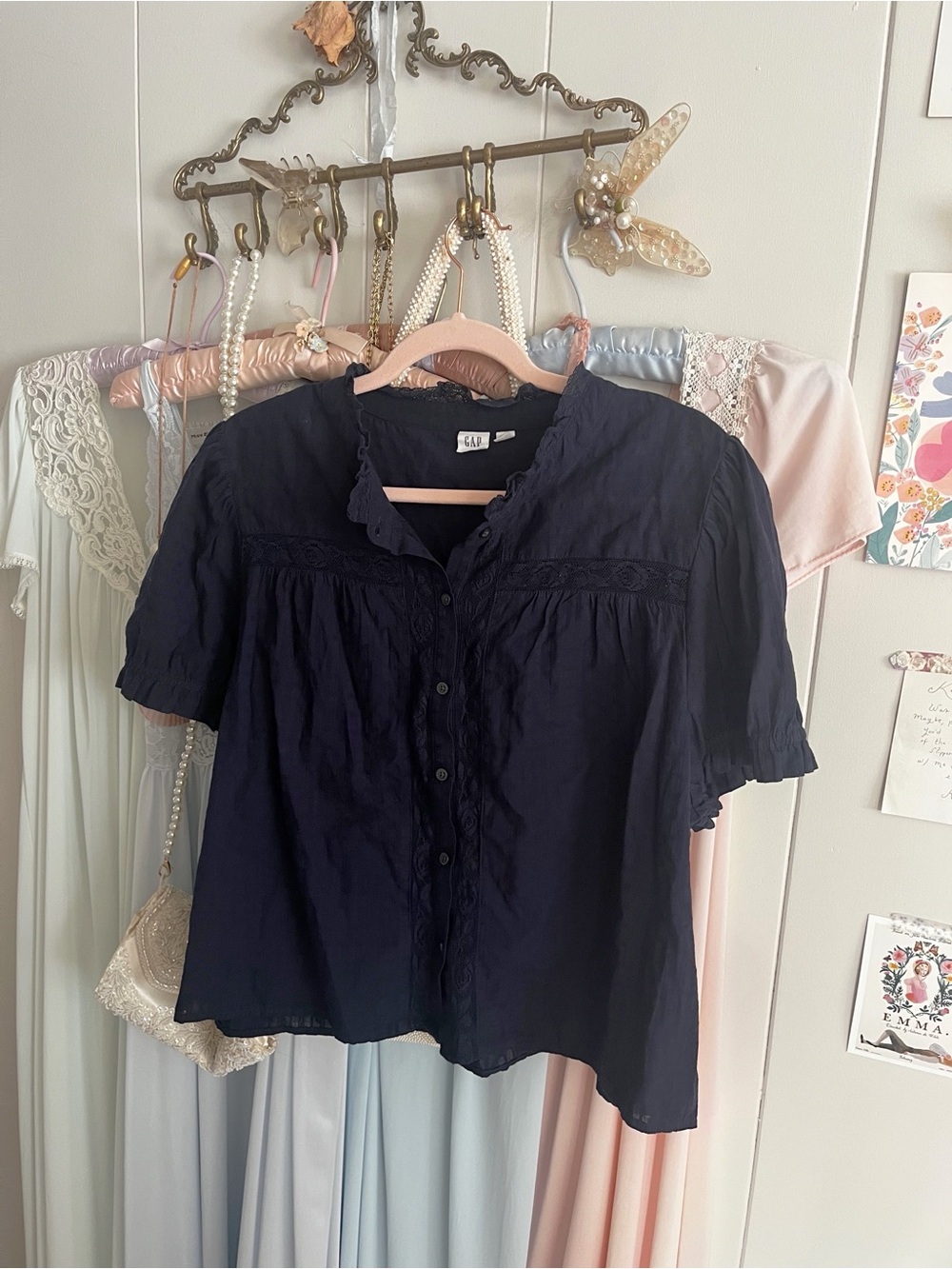 GAP Navy Button-Front Short Sleeve Blouse